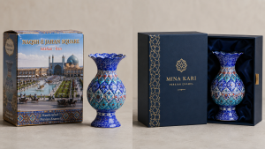 مقایسه بستهبندی معمولی و هاردباکس لوکس برای صادرات ظروف میناکاری اصفهان با طراحی سنتی و مدرن